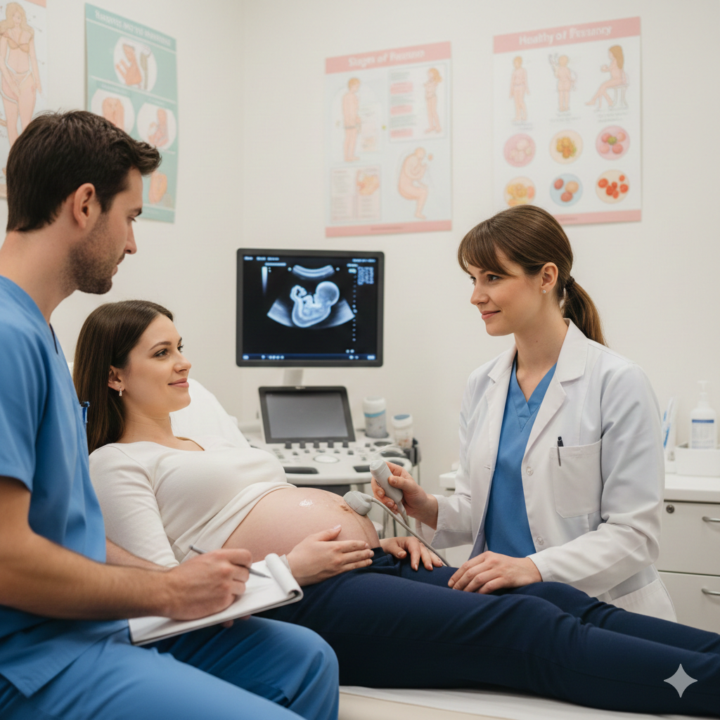 Expectant couple at prenatal ultrasound appointment