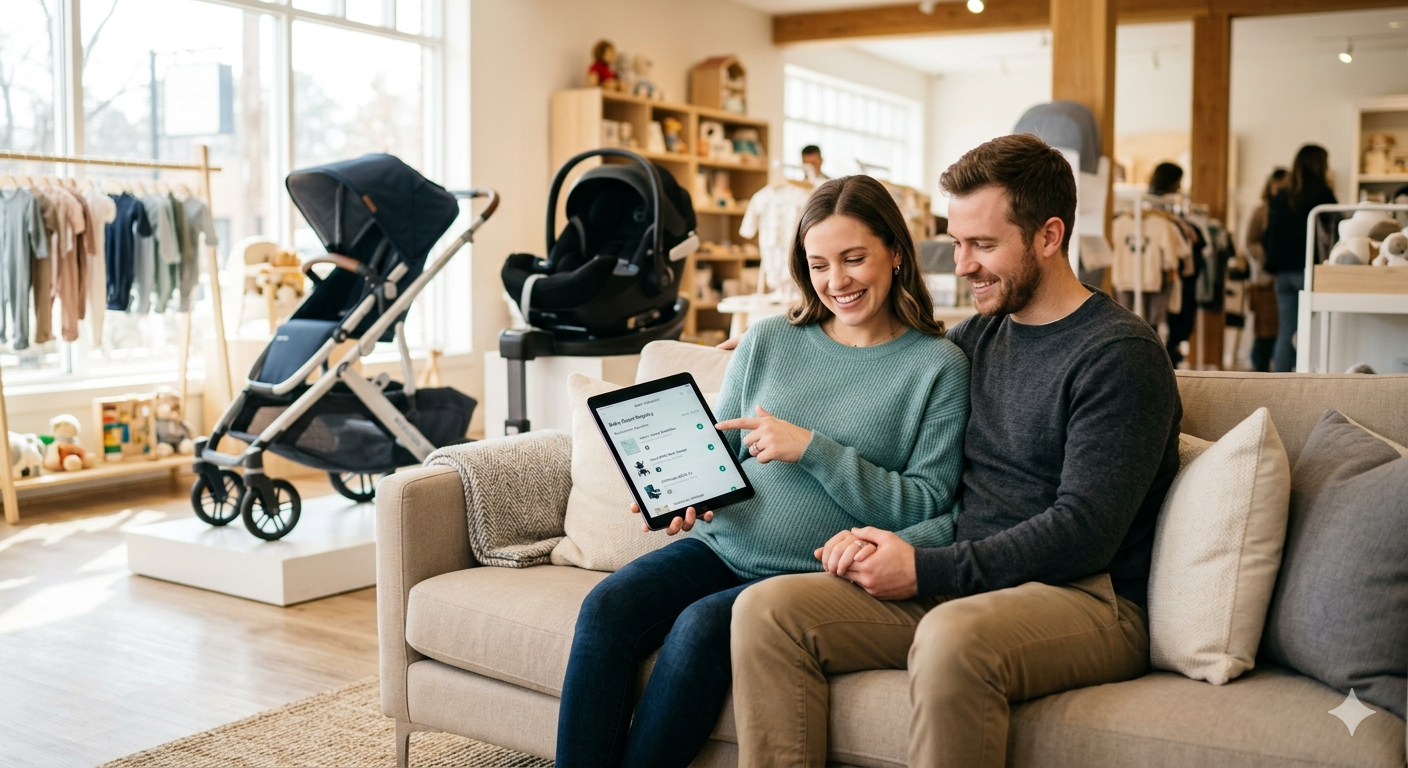 Young family researching baby products and building their registry