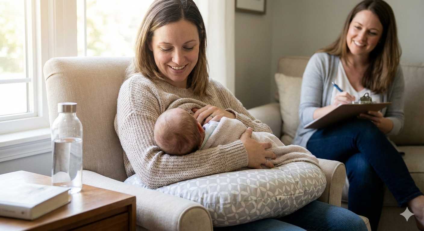 New mother breastfeeding with support from a lactation consultant