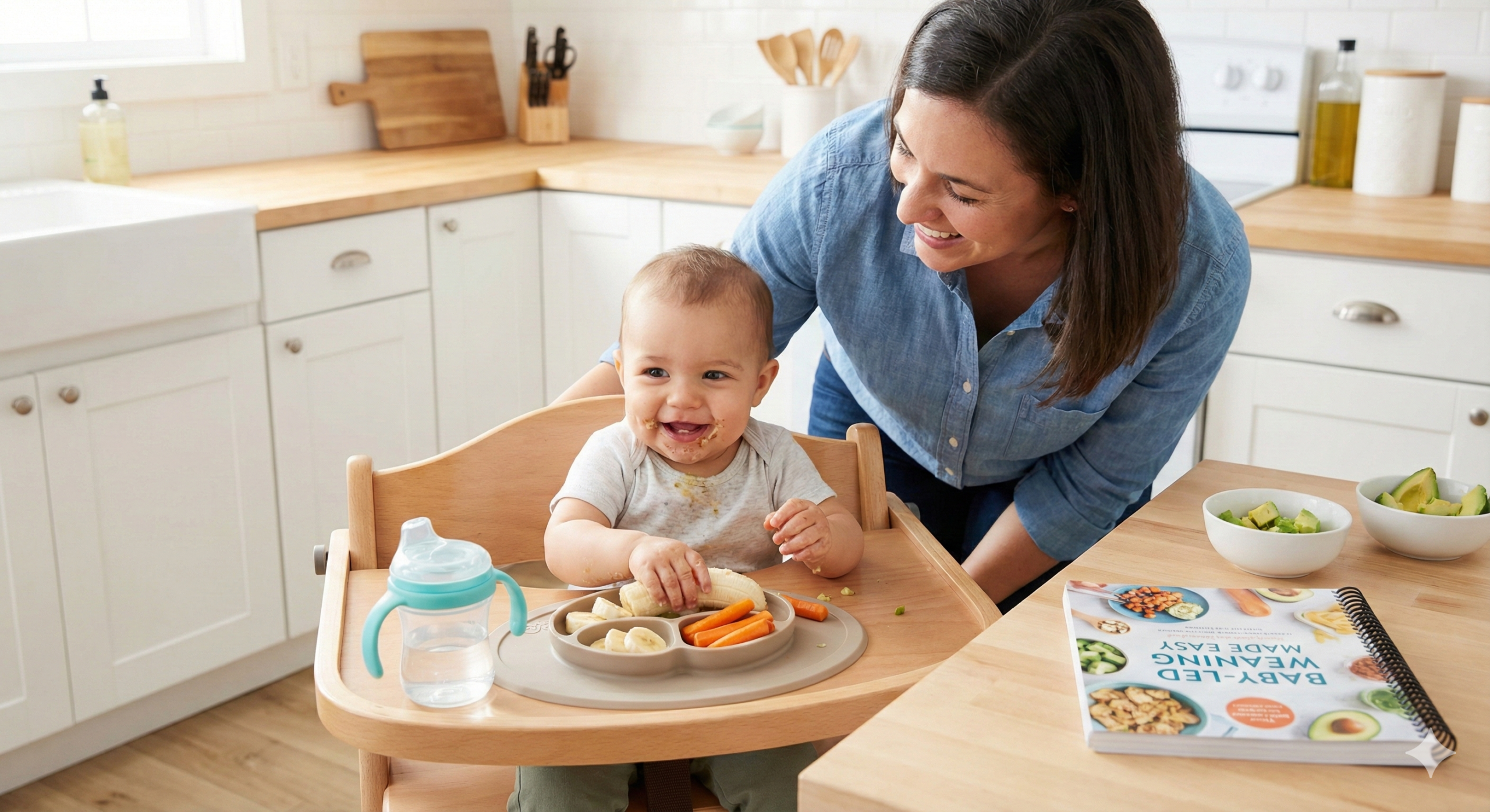 Toddler enjoying a messy meal in a high chair with mom watching