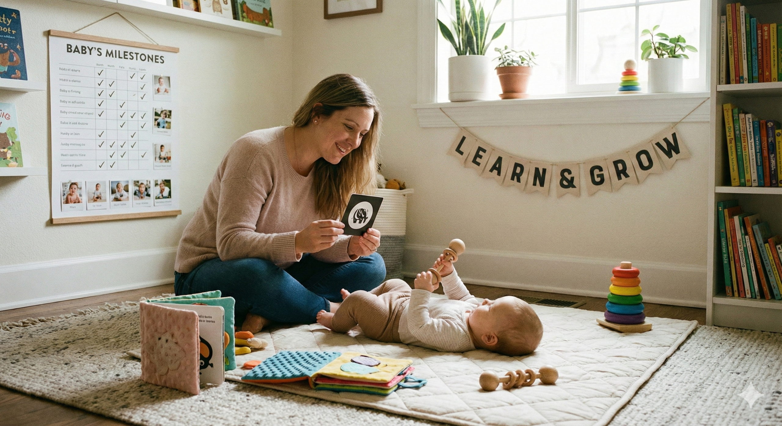 Mom playing with baby on floor with Learn and Grow banner
