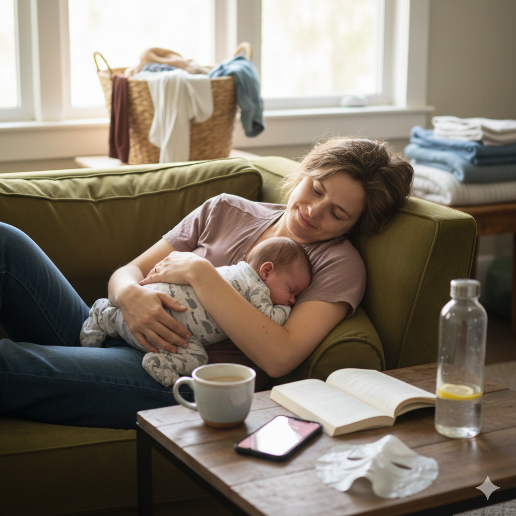 New mother resting on couch with sleeping newborn