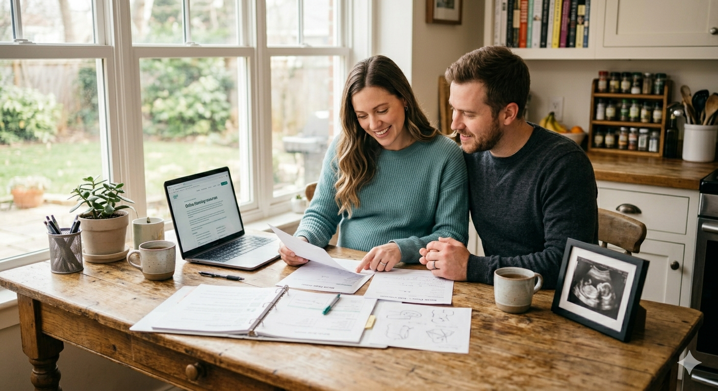 Expectant couple planning and filling out birth documents