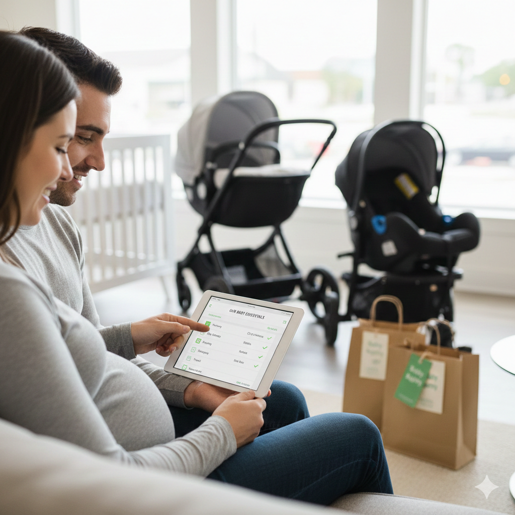 Expectant couple building baby registry, researching strollers