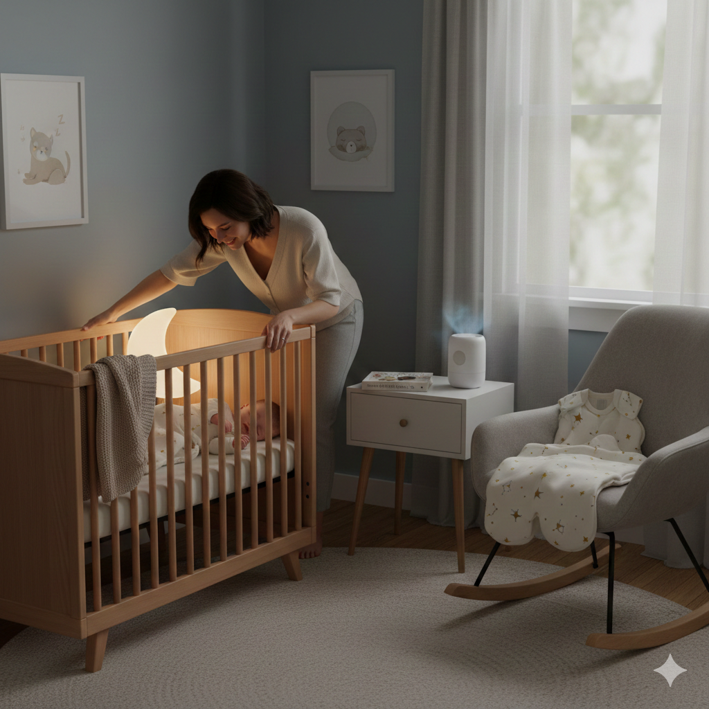 New mother gently placing baby in crib